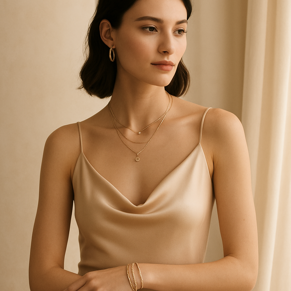 Woman wearing layered rose gold Kevify jewelry